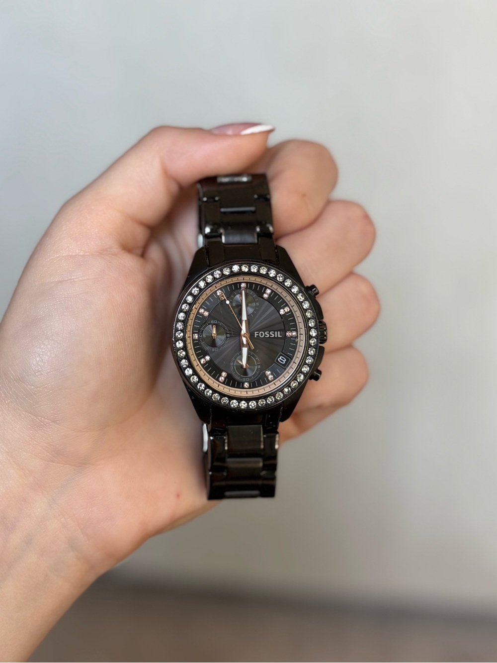 Fossil Black Ceramic Chronograph Watch with Crystal Accent